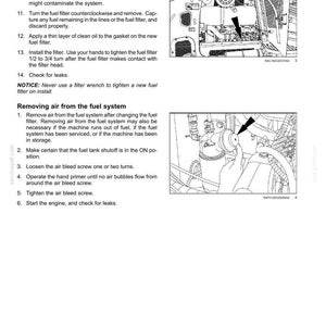May include: Diagram from a maintenance manual showing steps to service a fuel system. The image includes a detailed view of engine components, with arrows pointing to specific parts like the fuel filter and air bleed screw.