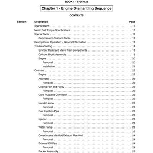 May include: A page from a manual titled "SECTION 10 - ENGINE" with the text "Chapter 1 - Engine Dismantling Sequence." The contents list engine-related topics like "Specifications" and "Removal."