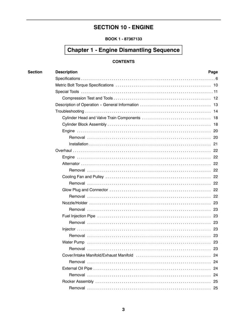 May include: A page from a manual titled "SECTION 10 - ENGINE" with the text "Chapter 1 - Engine Dismantling Sequence." The contents list engine-related topics like "Specifications" and "Removal."