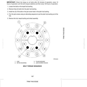 May include: A technical diagram titled TIRES/WHEELS/SPACING/BALLAST showing a bolt torque sequence. It includes instructions for installing a wheel on a hub with ten bolts, specifying a torque of 400 to 540 Nm (355 to 400 lb ft) and a numbered pattern.