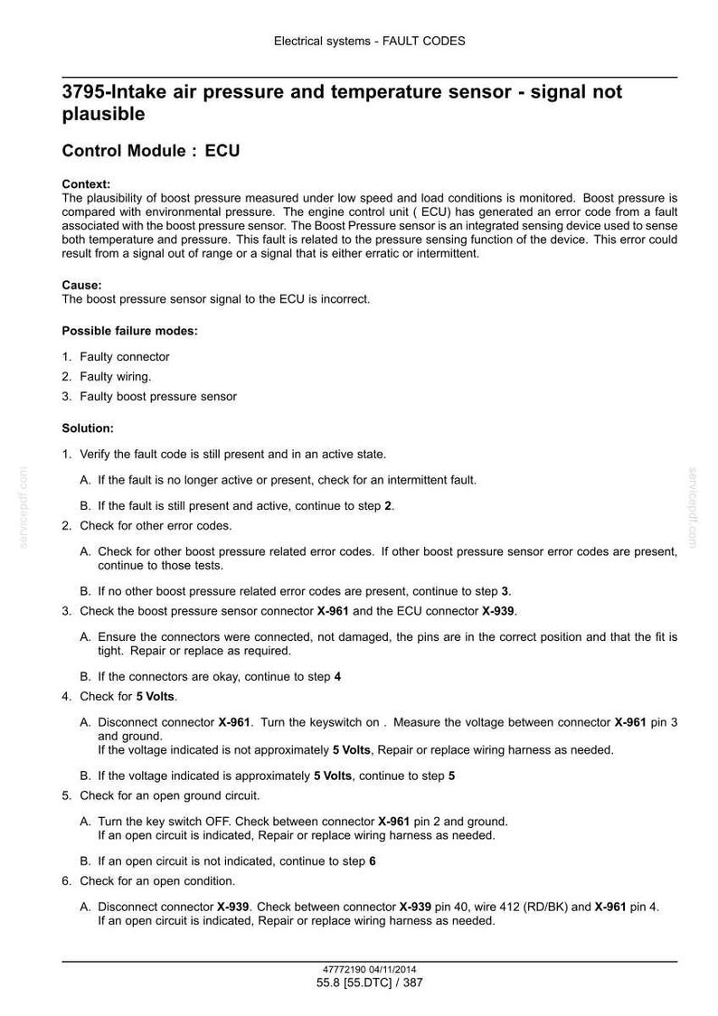 May include: A technical document titled Electrical systems - FAULT CODES, specifically detailing fault code 3795-Intake air pressure and temperature sensor - signal not plausible. It lists the ECU control module, context, causes, and a six-step solution.