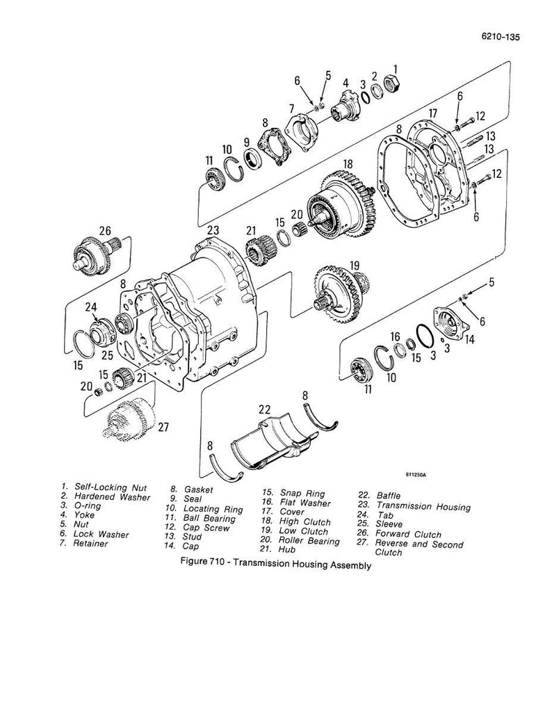 May include: An exploded diagram of a transmission housing assembly, labeled "Figure 710". The black and white illustration shows various components including nuts, washers, bearings, and clutches. The diagram is labeled with numbers and names for each part.