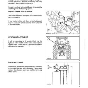 May include: Diagrams of agricultural machinery components, including a divert valve, hydraulic detent kit, and pre stretchers. The diagrams are labeled with numbers and include technical details.