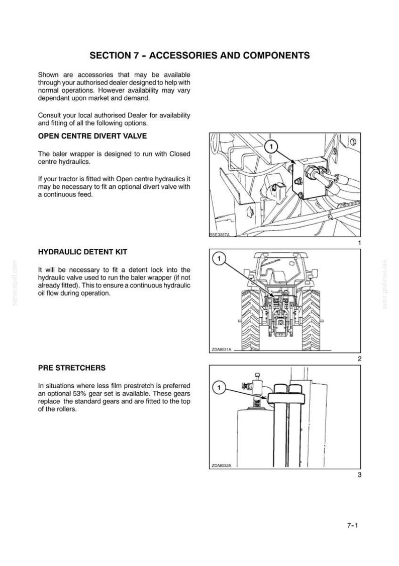 May include: Diagrams of agricultural machinery components, including a divert valve, hydraulic detent kit, and pre stretchers. The diagrams are labeled with numbers and include technical details.