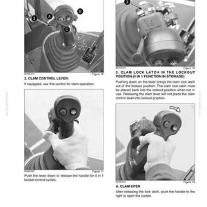 May include: A series of images detailing the clam control and lockout system. The images show the clam control lever, clam lock latch, and the process of opening the clam. Text includes "CLAM CONTROL AND LOCKOUT" and instructions for operation.