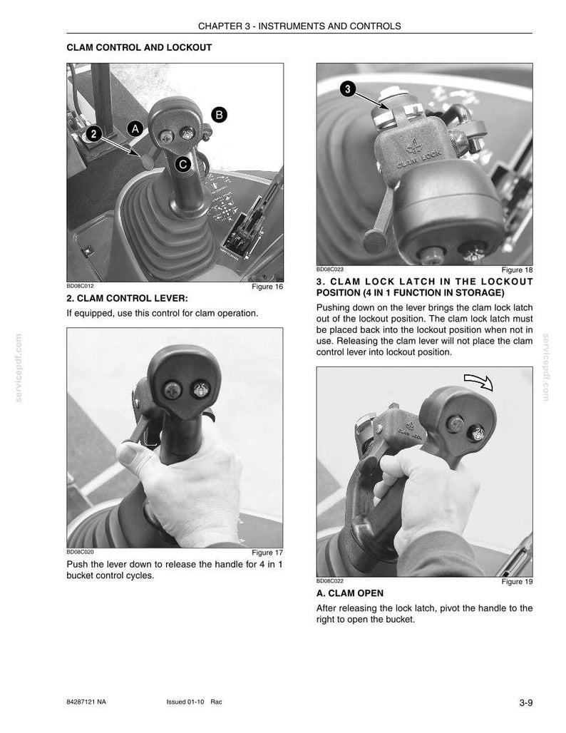 May include: A series of images detailing the clam control and lockout system. The images show the clam control lever, clam lock latch, and the process of opening the clam. Text includes "CLAM CONTROL AND LOCKOUT" and instructions for operation.