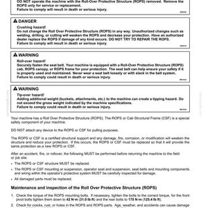 May include: A safety information sheet about the Roll Over Protective Structure (ROPS) for a machine. The sheet includes warnings about crushing and tip-over hazards, and instructions for maintenance and inspection. The text includes measurements in lb ft.