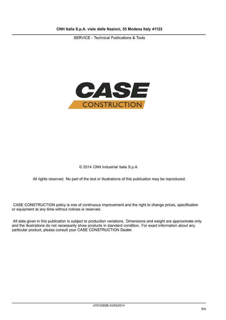 Pu&ograve; includere: Documento bianco con il logo "CASE CONSTRUCTION" in nero e oro. Il documento include testo su CNH Industrial Italia S.p.A. e le sue politiche. &Egrave; una pubblicazione tecnica.