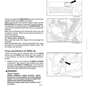 May include: A technical manual page titled 7-MAINTENANCE featuring text instructions for ROPS/FOPS loader safety, including seat belt inspection and torque specifications of 53.8 - 64.2 lb ft, with three line-art diagrams showing decal placement.