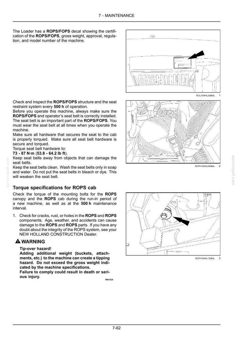 May include: A technical manual page titled 7-MAINTENANCE featuring text instructions for ROPS/FOPS loader safety, including seat belt inspection and torque specifications of 53.8 - 64.2 lb ft, with three line-art diagrams showing decal placement.