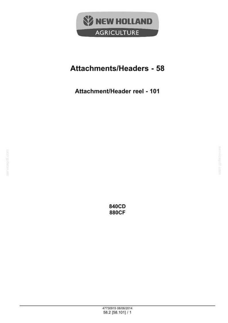 May include: A document with the New Holland Agriculture logo, listing "Attachments/Headers - 58" and "Attachment/Header reel - 101." Includes codes 840CD and 880CF, and a date and version number.