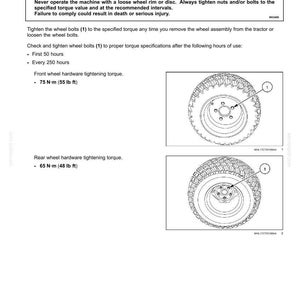 May include: A technical maintenance document page titled Front wheels - Tighten, featuring a warning about roll-over hazards. It includes instructions for tightening wheel bolts to 75 N&middot;m (55 lb ft) for front wheels and 65 N&middot;m (48 lb ft) for rear wheels.