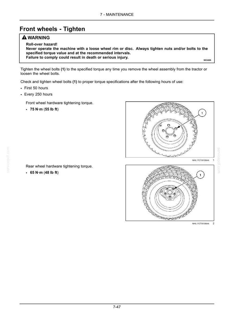 May include: A technical maintenance document page titled Front wheels - Tighten, featuring a warning about roll-over hazards. It includes instructions for tightening wheel bolts to 75 N&middot;m (55 lb ft) for front wheels and 65 N&middot;m (48 lb ft) for rear wheels.