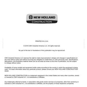 May include: A printed document from CNH Industrial America. The document includes the "NEW HOLLAND CONSTRUCTION" logo, the text "PRINTED IN U.S.A.", and copyright information. The document is a technical publication.