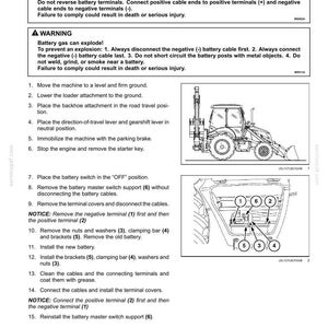 May include: Diagram of a battery replacement procedure, with a tractor illustration and close-up of battery components. Text includes safety warnings and numbered steps for disconnecting and connecting battery terminals. Measurements are not applicable.