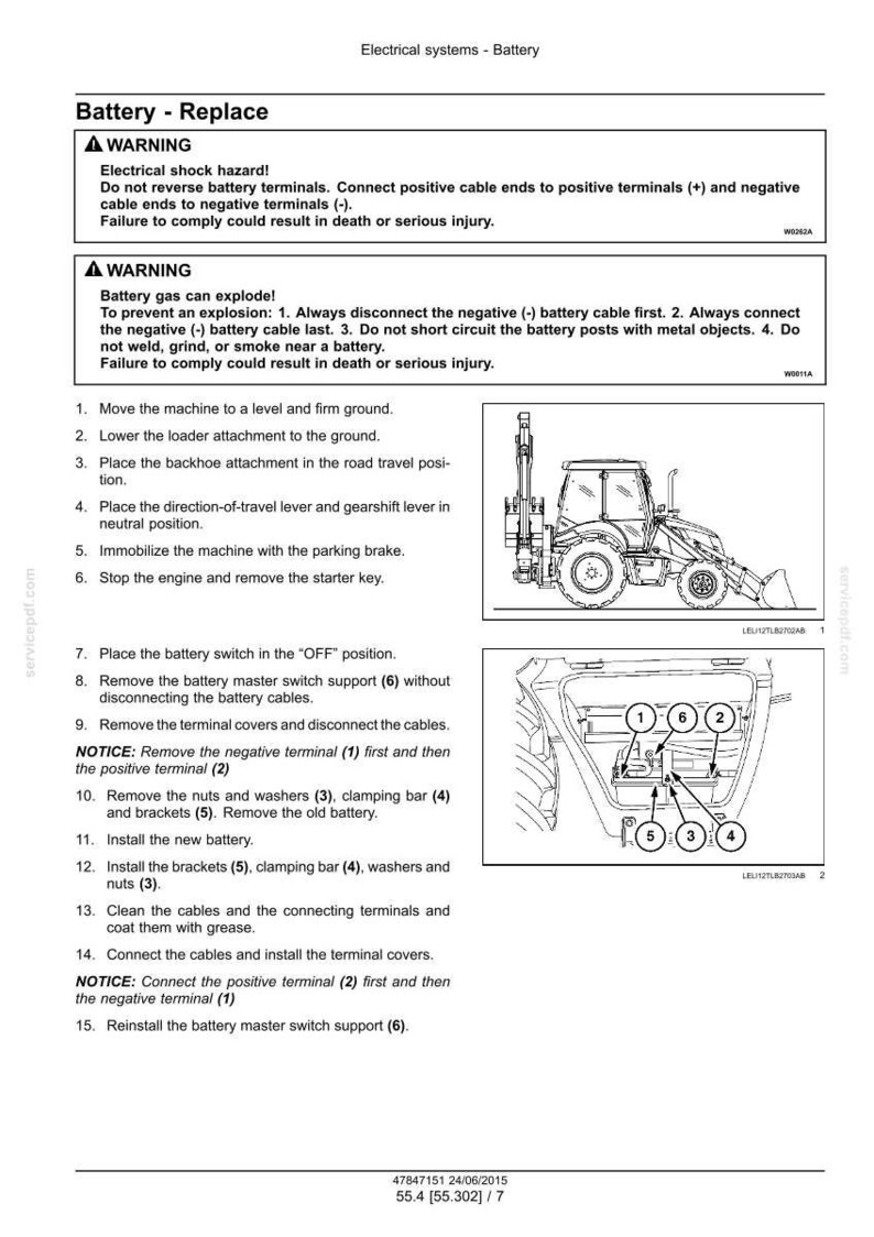 May include: Diagram of a battery replacement procedure, with a tractor illustration and close-up of battery components. Text includes safety warnings and numbered steps for disconnecting and connecting battery terminals. Measurements are not applicable.