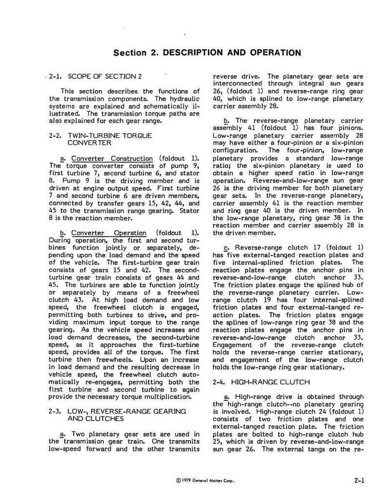 May include: A technical manual page titled "Section 2. DESCRIPTION AND OPERATION" with detailed text and diagrams about transmission components, including torque converters and clutches. The page is from 1979.