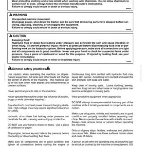 May include: A white document with black text detailing safety precautions for machinery. Warnings cover chemical hazards, unexpected movement, and escaping fluids. General safety practices are also listed.