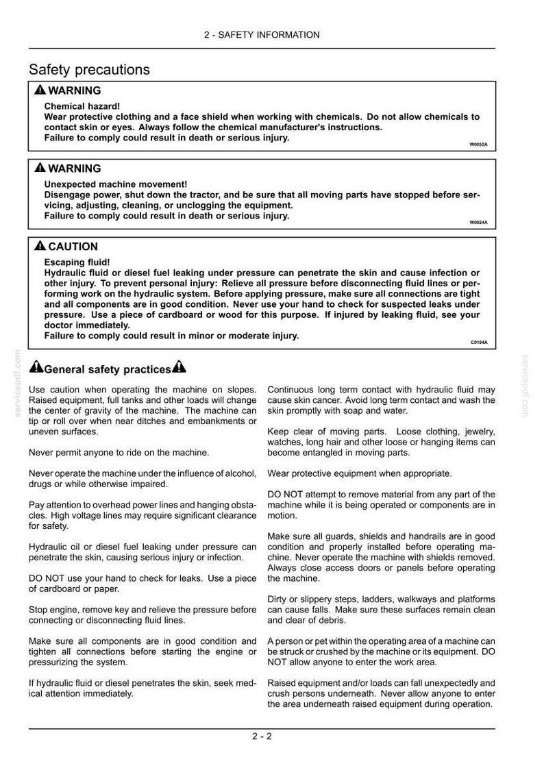 May include: A white document with black text detailing safety precautions for machinery. Warnings cover chemical hazards, unexpected movement, and escaping fluids. General safety practices are also listed.