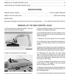 May include: A printed manual page with the title "Table of Contents" and instructions for removing and installing a main control valve. Specifications include hydraulic reservoir capacity of 61.6 gallons and valve weight of 265 pounds.