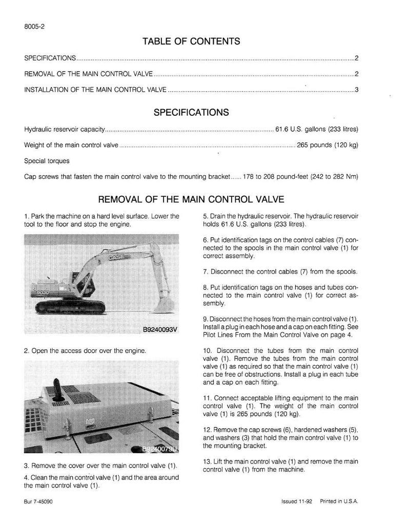 May include: A printed manual page with the title "Table of Contents" and instructions for removing and installing a main control valve. Specifications include hydraulic reservoir capacity of 61.6 gallons and valve weight of 265 pounds.