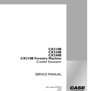 May include: A white service manual with the text "CX210B Forestry Machine Crawler Excavator." The manual also includes the text "SERVICE MANUAL" and the Case Construction logo.