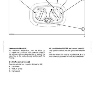 May include: A technical diagram of cab air conditioning controls featuring three circular knobs labeled 1, 2, and 3. The illustration includes text headers such as SECTION 55 - ELECTRICAL SYSTEM - CHAPTER 2 and CAB AIR CONDITIONING CONTROLS, with A, B, and C markers.
