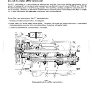 May include: Diagram of a continuously variable transmission (CVT) with labels and cross-sectional view. The image includes text describing the transmission's features and advantages, such as variable power transmission and decoupled engine speed.