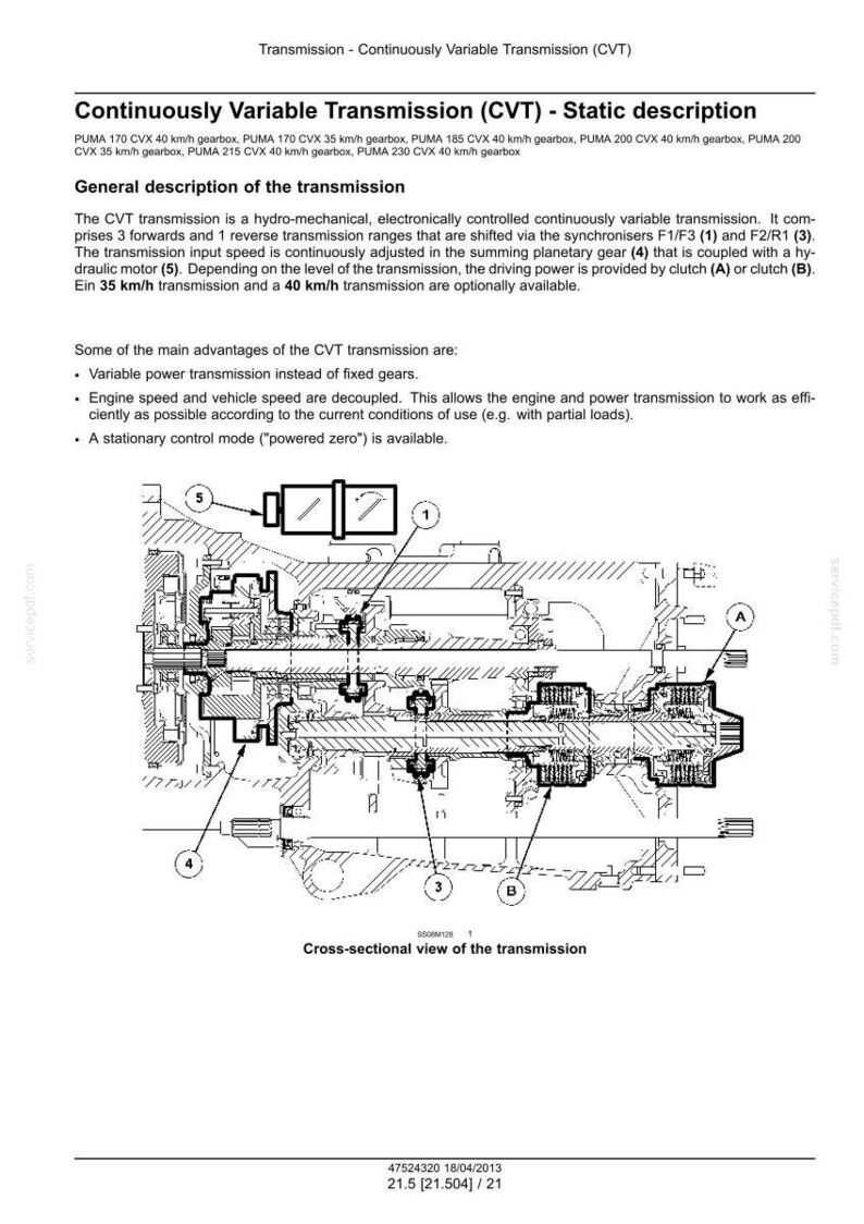 May include: Diagram of a continuously variable transmission (CVT) with labels and cross-sectional view. The image includes text describing the transmission's features and advantages, such as variable power transmission and decoupled engine speed.