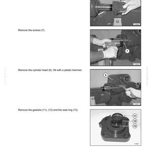 May include: A technical manual page titled SECTION 05 - UNDERCARRIAGE, page 117, featuring four black and white instructional photographs. The images demonstrate the removal of forks, screws, a cylinder head using a hammer, and gaskets 11, 12, and seal ring 13.