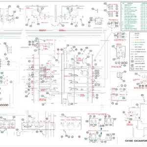 May include: A detailed schematic diagram of a CX150C excavator's hydraulic system, with numerous lines, symbols, and annotations in black, red, and green on a white background. The diagram includes the text "CX150C EXCAVATOR - HYDRAULIC SCHEMATIC".