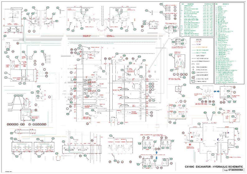 May include: A detailed schematic diagram of a CX150C excavator's hydraulic system, with numerous lines, symbols, and annotations in black, red, and green on a white background. The diagram includes the text "CX150C EXCAVATOR - HYDRAULIC SCHEMATIC".