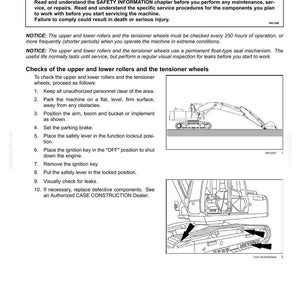 May include: Page from a maintenance manual with instructions for checking rollers and tensioner wheels on a machine. Includes a warning about improper service and a list of steps to follow. Diagrams of the machine are included.