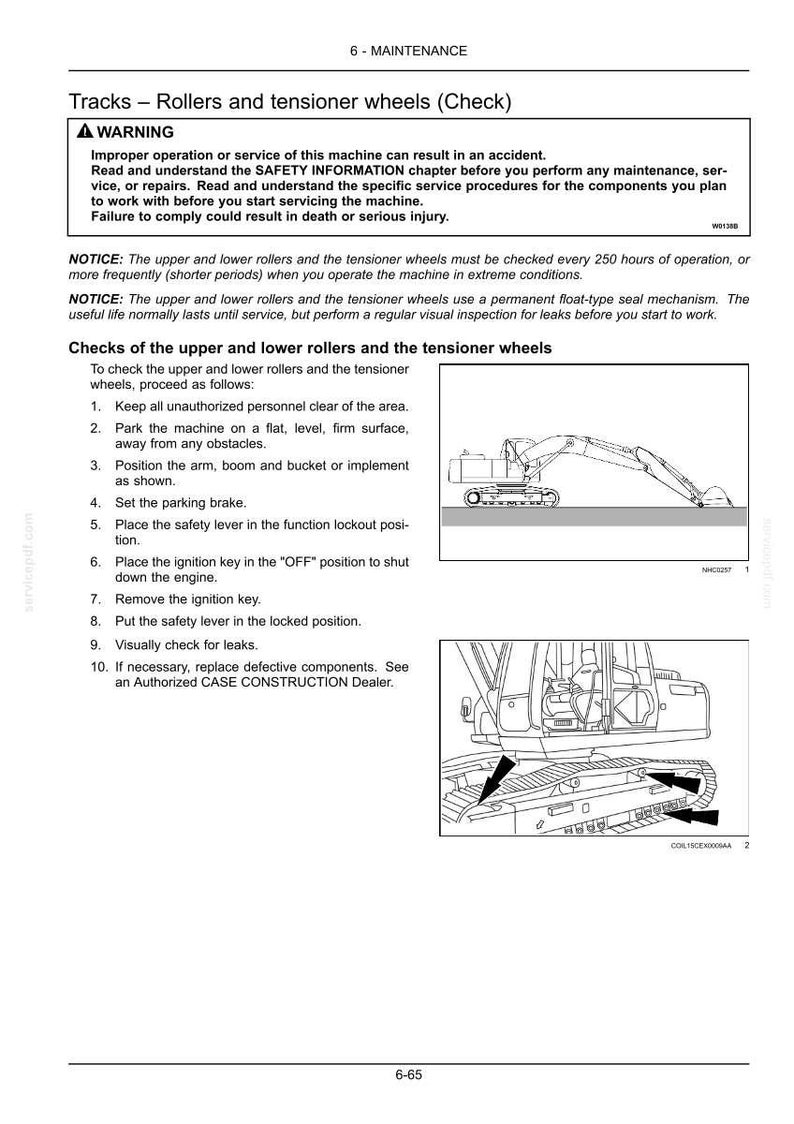 May include: Page from a maintenance manual with instructions for checking rollers and tensioner wheels on a machine. Includes a warning about improper service and a list of steps to follow. Diagrams of the machine are included.