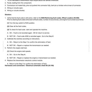 May include: Document detailing fault codes for electrical systems, specifically "4290-Transmission input torque overload." Includes causes, solutions, and troubleshooting steps. Text is black on a white background.