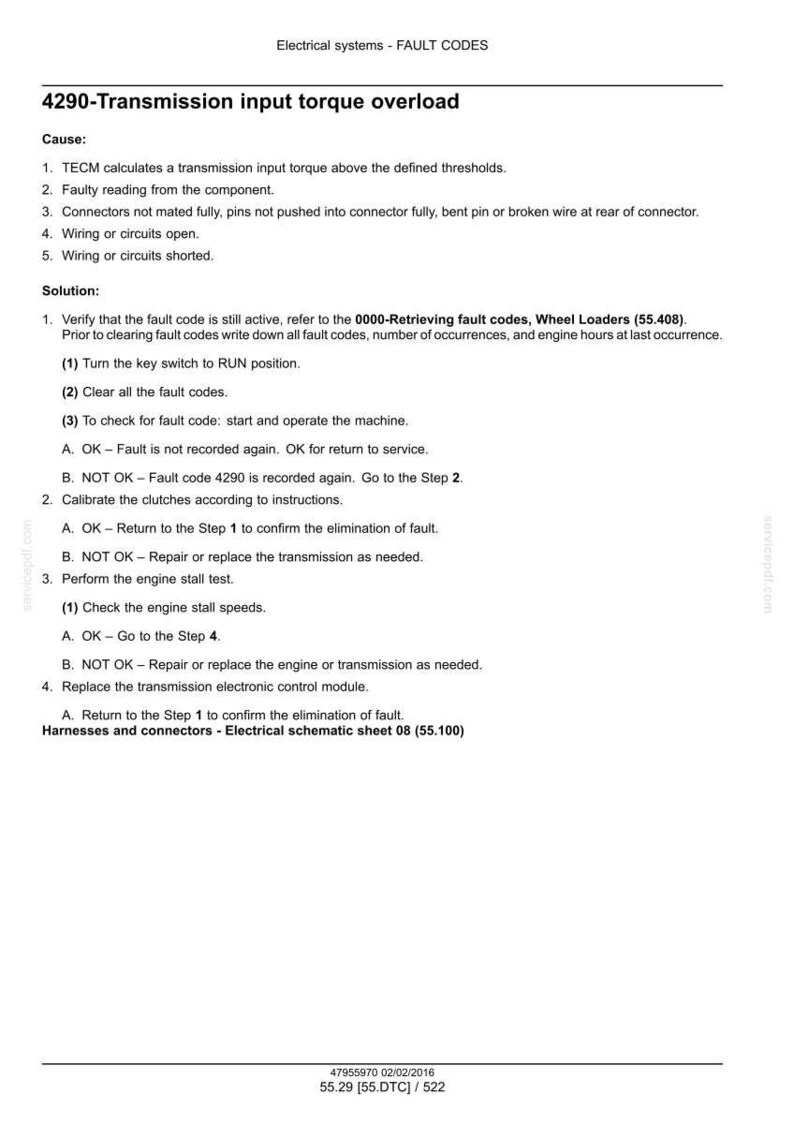 May include: Document detailing fault codes for electrical systems, specifically "4290-Transmission input torque overload." Includes causes, solutions, and troubleshooting steps. Text is black on a white background.
