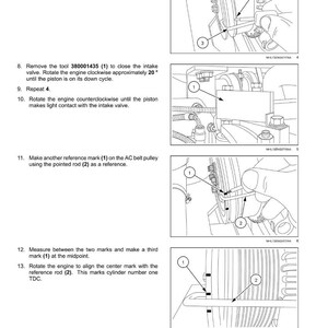May include: Diagram of an engine fuel injection system with numbered steps and illustrations. Instructions include marking pulleys, rotating the engine, and making reference marks. Text includes "Engine - Fuel injection system".