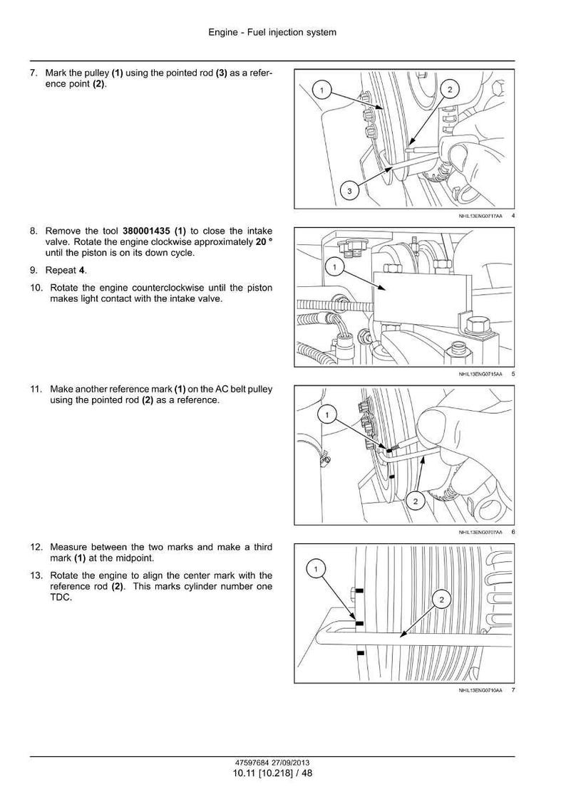 May include: Diagram of an engine fuel injection system with numbered steps and illustrations. Instructions include marking pulleys, rotating the engine, and making reference marks. Text includes "Engine - Fuel injection system".