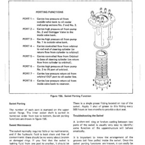 May include: Diagram of a hydraulic system component, featuring a detailed illustration of a swivel porting function. The image includes labeled ports, a cross-section view, and text describing port functions and maintenance.