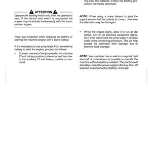 May include: Page from a manual detailing how to start a machine using jump leads. The text includes safety warnings and instructions for connecting the leads to the battery terminals. The page is white with black text.