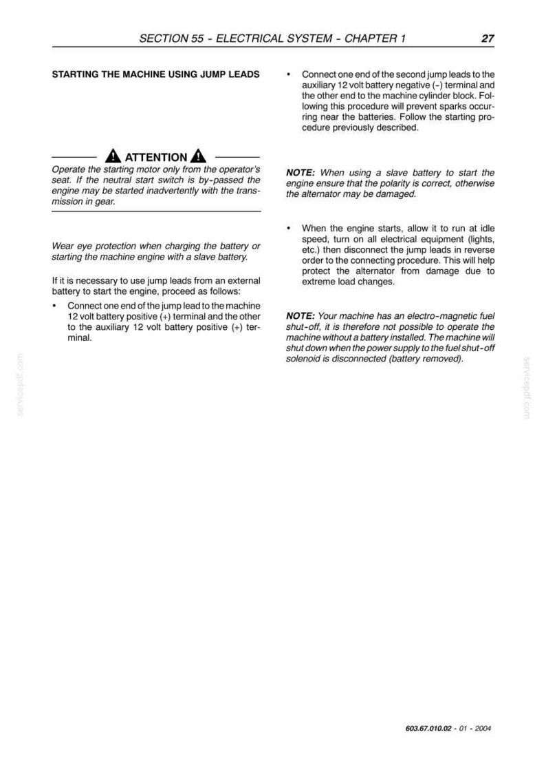 May include: Page from a manual detailing how to start a machine using jump leads. The text includes safety warnings and instructions for connecting the leads to the battery terminals. The page is white with black text.