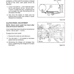 May include: A technical manual page titled LUBRICATION AND MAINTENANCE featuring instructions for brake and clutch pedal adjustment. It includes diagrams labelled Figure 3-50 and Figure 3-51, showing mechanical linkages with measurements of 19 mm-30 mm (3/4"-1-3/16").