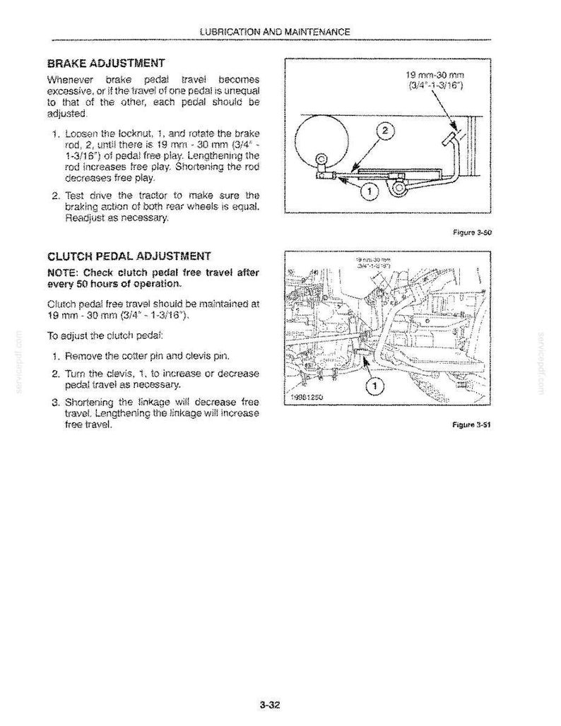 May include: A technical manual page titled LUBRICATION AND MAINTENANCE featuring instructions for brake and clutch pedal adjustment. It includes diagrams labelled Figure 3-50 and Figure 3-51, showing mechanical linkages with measurements of 19 mm-30 mm (3/4"-1-3/16").