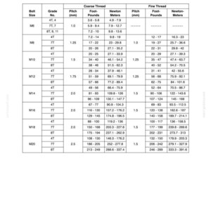 May include: A technical document page titled SECTION 41 - STEERING SYSTEM - CHAPTER 1, featuring a black and white table labeled METRIC BOLT TORQUE SPECIFICATIONS. The table lists bolt sizes from M6 to M20, grades, thread pitches, and torque values.