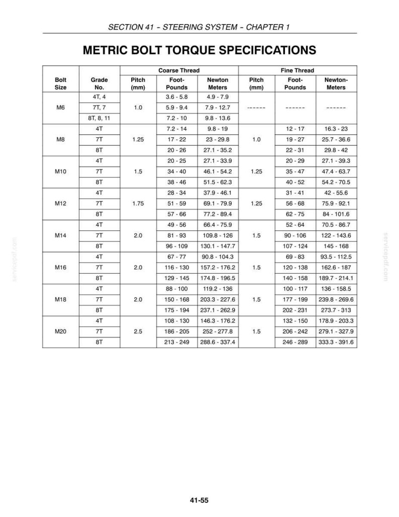 May include: A technical document page titled SECTION 41 - STEERING SYSTEM - CHAPTER 1, featuring a black and white table labeled METRIC BOLT TORQUE SPECIFICATIONS. The table lists bolt sizes from M6 to M20, grades, thread pitches, and torque values.