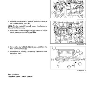 May include: Diagram of engine oil cooler removal instructions. The image shows detailed illustrations with numbered components, including bolts, nuts, and oil lines. Text instructions accompany the diagrams, guiding the removal process step-by-step.