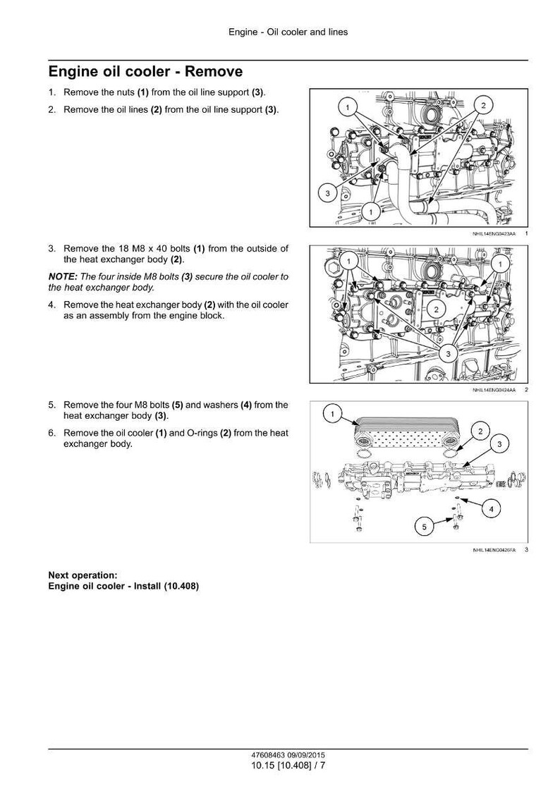 May include: Diagram of engine oil cooler removal instructions. The image shows detailed illustrations with numbered components, including bolts, nuts, and oil lines. Text instructions accompany the diagrams, guiding the removal process step-by-step.