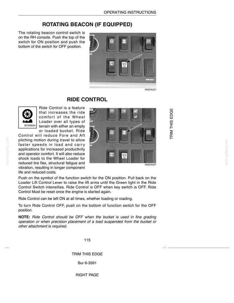May include: Operating instructions page with text about rotating beacon and ride control features. Includes diagrams of control panels with labeled buttons and switches. Text includes instructions for use and safety notes.
