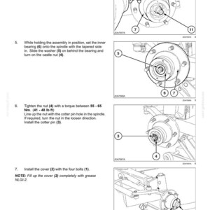 May include: Diagram of a rear axle assembly process, with numbered steps and labeled components. Includes illustrations of spindle, hub casting, bearing, washer, nut, cotter pin, cover, and bolts. Torque specifications are provided in both Newton-meters and pound-feet.