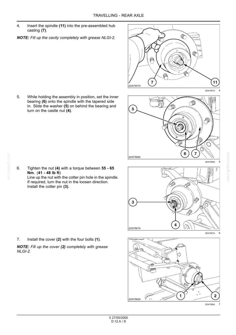 May include: Diagram of a rear axle assembly process, with numbered steps and labeled components. Includes illustrations of spindle, hub casting, bearing, washer, nut, cotter pin, cover, and bolts. Torque specifications are provided in both Newton-meters and pound-feet.
